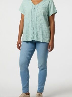 Soft Surroundings Sera Soutache Trim V-neck L Aqua Blue Cotton Blouse